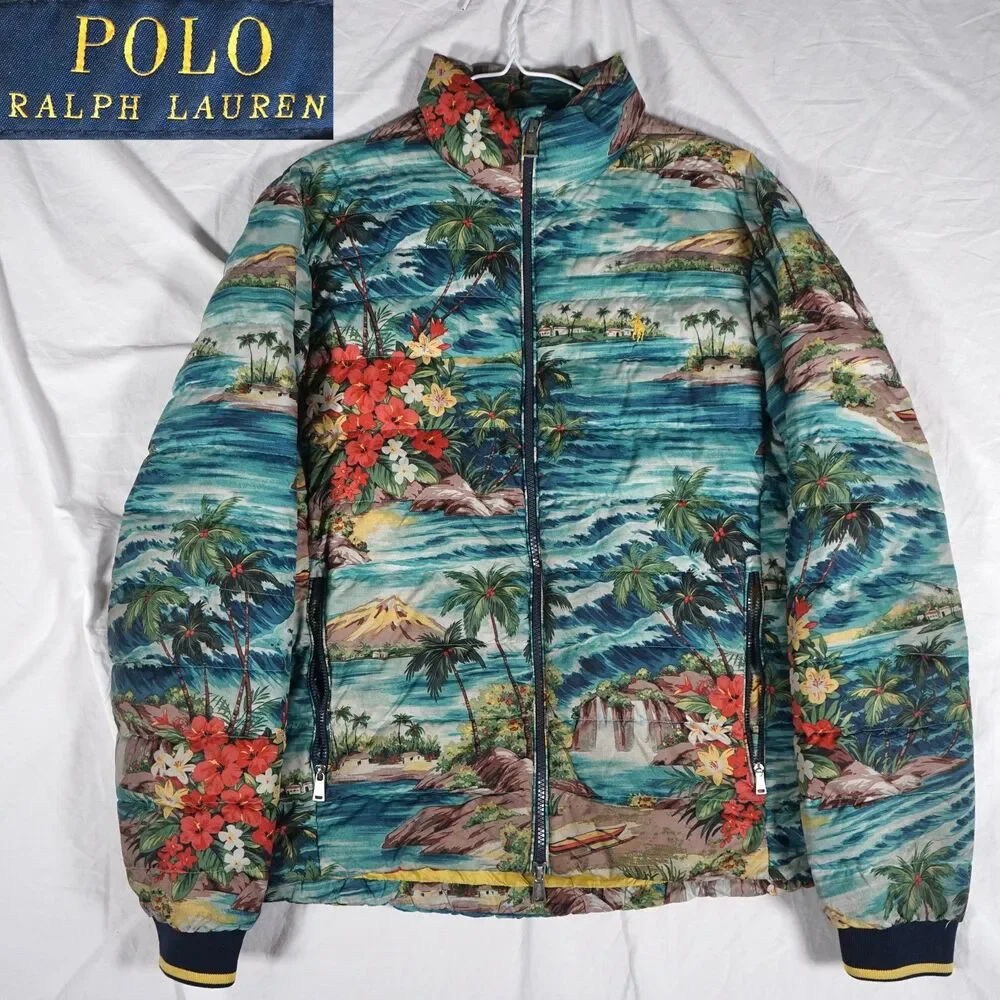 Polo Ralph Lauren Men's Hawaiian Tropical Print Puffer Down Jacket Blue Small